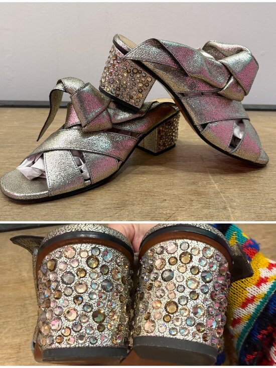Chloe Shoes - Chloe Silver Metallic Leather Rhinestone Crystal Block Heel Mule Slides 38.5